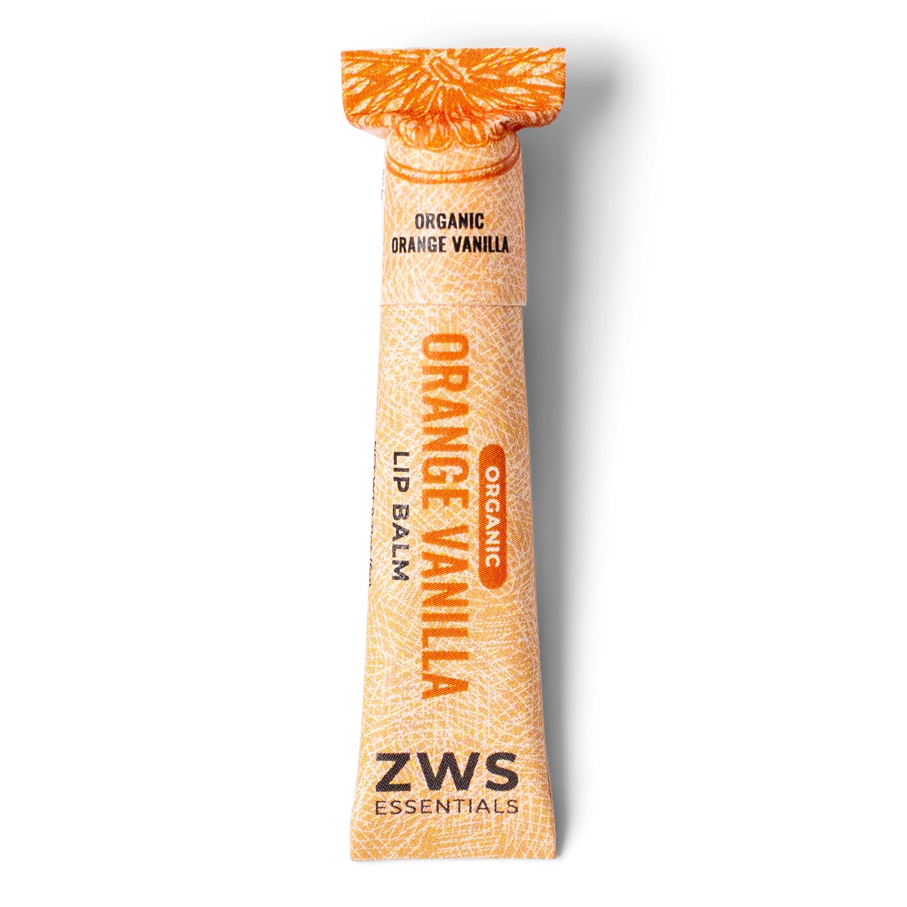 Orange vanilla lip balm packaging with 'ZWS Essentials' branding on a white background